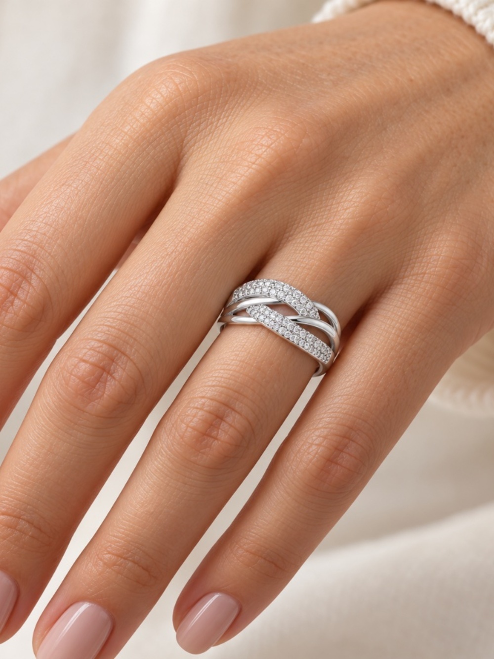925 Sterling Silver CZ Pavé Crossover Ring